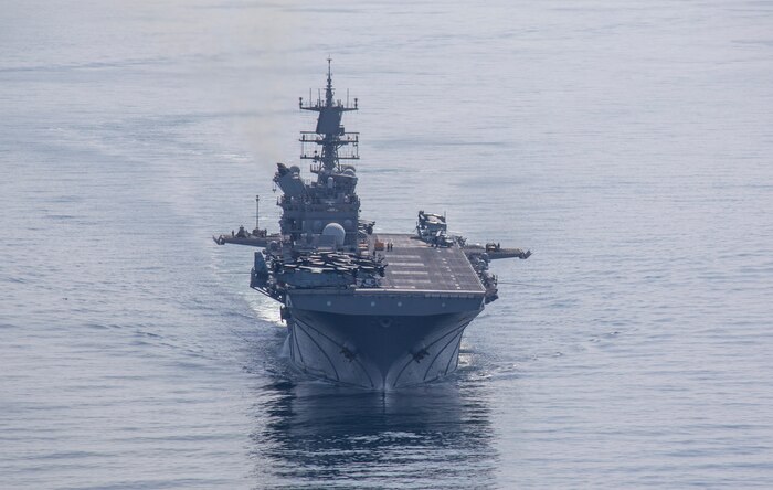 Amphibious assault ship USS Makin Island (LHD 8) transits the Strait of Hormuz, Feb. 8. The Makin Island Amphibious Ready Group and the 15th Marine Expeditionary Unit are deployed to the U.S. 5th Fleet area of operations in support of naval operations to ensure maritime stability and security in the Central Region, connecting the Mediterranean and Pacific through the western Indian Ocean and three strategic choke points. (U.S. Navy photo by Mass Communication Specialist 3rd Class Ethan Jaymes Morrow)