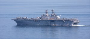 Amphibious assault ship USS Makin Island (LHD 8) transits the Strait of Hormuz, Feb. 8. The Makin Island Amphibious Ready Group and the 15th Marine Expeditionary Unit are deployed to the U.S. 5th Fleet area of operations in support of naval operations to ensure maritime stability and security in the Central Region, connecting the Mediterranean and Pacific through the western Indian Ocean and three strategic choke points. (U.S. Navy photo by Mass Communication Specialist 3rd Class Ethan Jaymes Morrow)