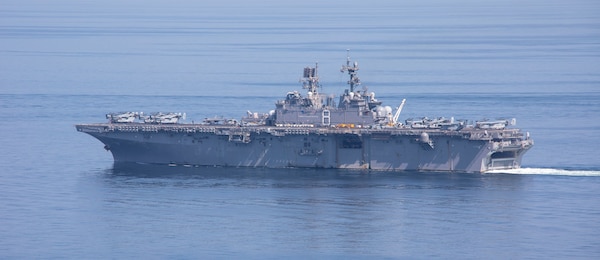 The amphibious assault ship USS Makin Island (LHD 8) transits the Strait of Hormuz.
