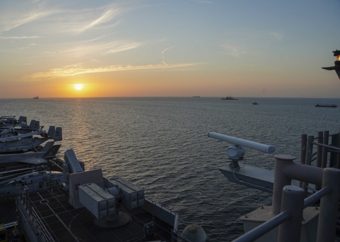 The Makin Island Amphibious Ready Group and the 15th Marine Expeditionary Unit are deployed to the U.S. 5th Fleet area of operations in support of naval operations to ensure maritime stability and security in the Central Region, connecting the Mediterranean and Pacific through the western Indian Ocean and three strategic choke points.