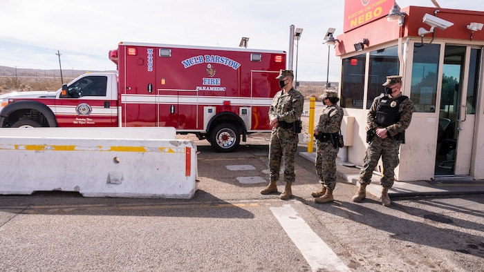 U.S. Marines responds to an off-base call, as Security and Emergency Services ambulance at Marine Corps Logistics Base Barstow, Calif., Jan. 13.