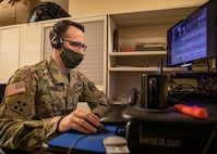 JOINT BASE LANGLEY-EUSTIS, Va. (Feb. 9, 2021) Army Maj. Richard Pfrogner, a joint operations officer assigned to Joint Task Force Civil Support, conducts a virtual battle captain, non-commissioned officer, and liaison officer training course to educate the Defense Chemical, Biological, Radiological, Nuclear Response Force units coming online for mission year 2021.