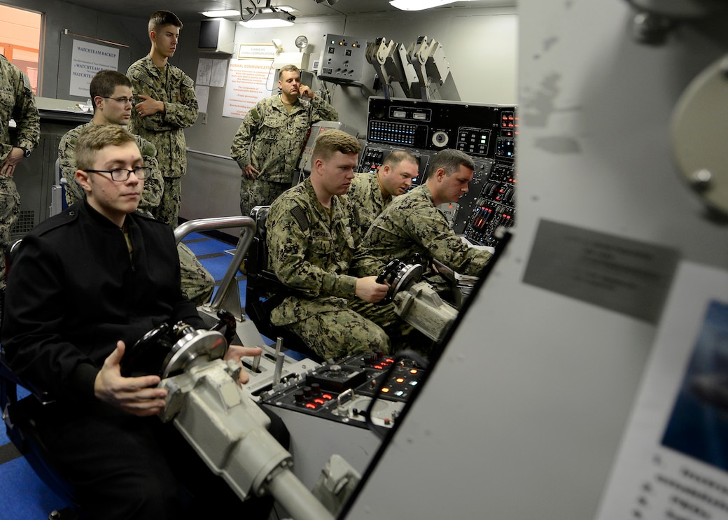 KINGS BAY, Ga. (Feb. 6, 2020)  Sailors from the Ohio-class ballistic-missile submarine USS Rhode Island (Gold) (SSBN 740) conduct training in the ship's control trainer in the Trident Training Facility at Naval Submarine Base Kings Bay. The crew attends frequent training in simulators while preparing for deployment. Rhode Island is one of five ballistic-missile submarines homeported at the base, home to all East Coast Ohio-class submarines. (U.S. Navy photo by Mass Communication Specialist 1st Class Ashley Berumen/Released)