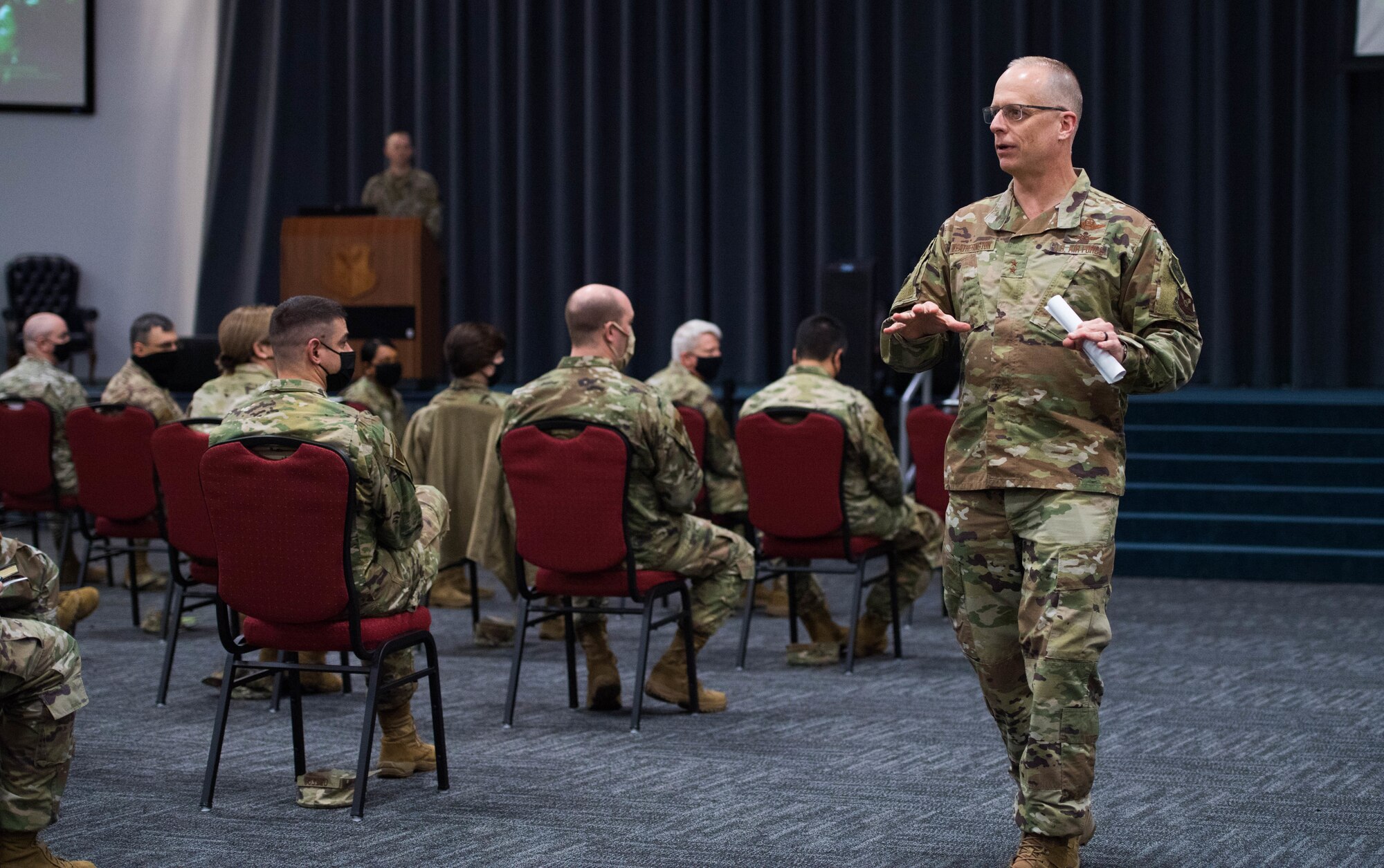 Maj. Gen. Mark E. Weatherington, Eighth Air Force and Joint-Global Strike Operations Center commander speaks to Airmen during an all-call at Barksdale Air Force Base, Jan. 20, 2021.