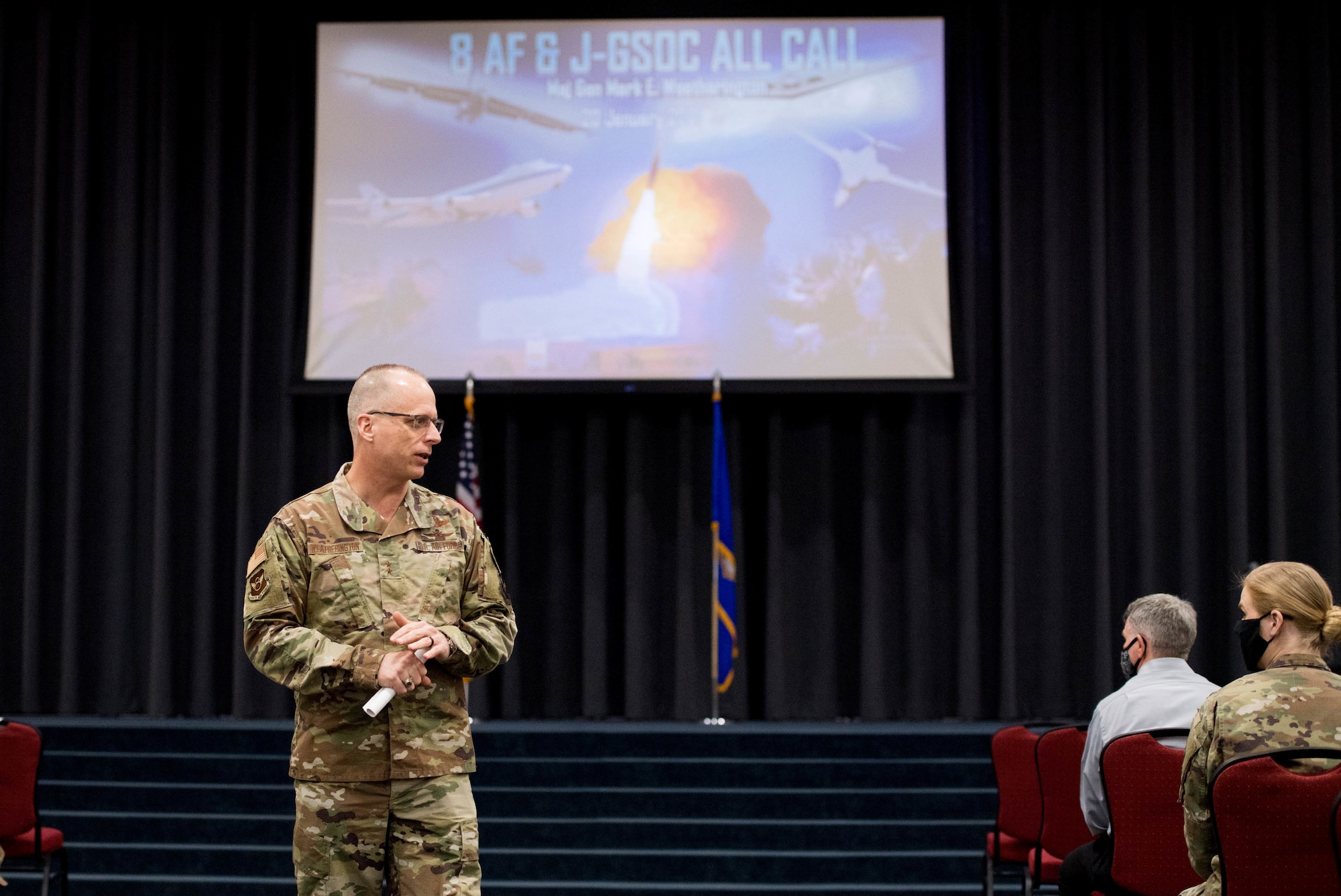 Maj. Gen. Mark E. Weatherington, Eighth Air Force and Joint-Global Strike Operations Center commander speaks to Airmen during an all-call at Barksdale Air Force base, Jan. 20, 2021.