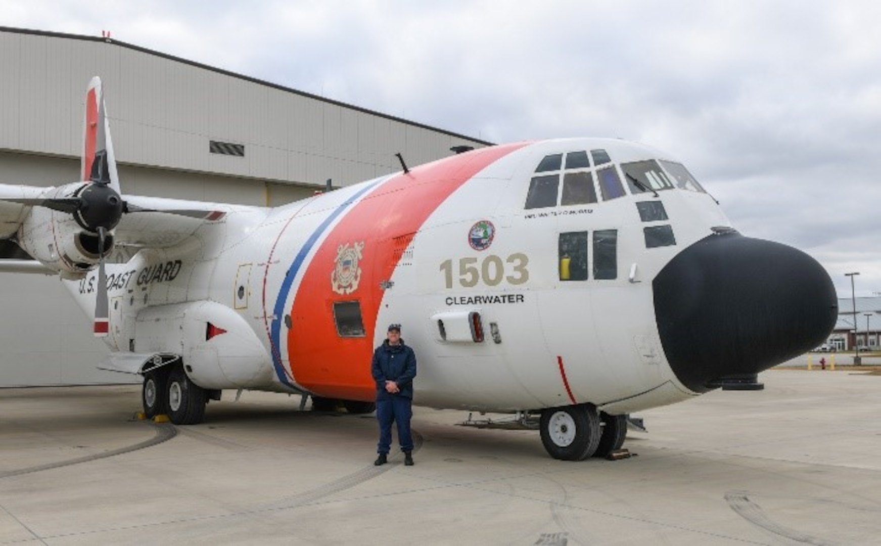 U.S. Coast Guard C-130 aircraft number 1503 is seen on deck at the Fixed Wing Training facility. December 22, 2020 photo submitted by ATTC unit.