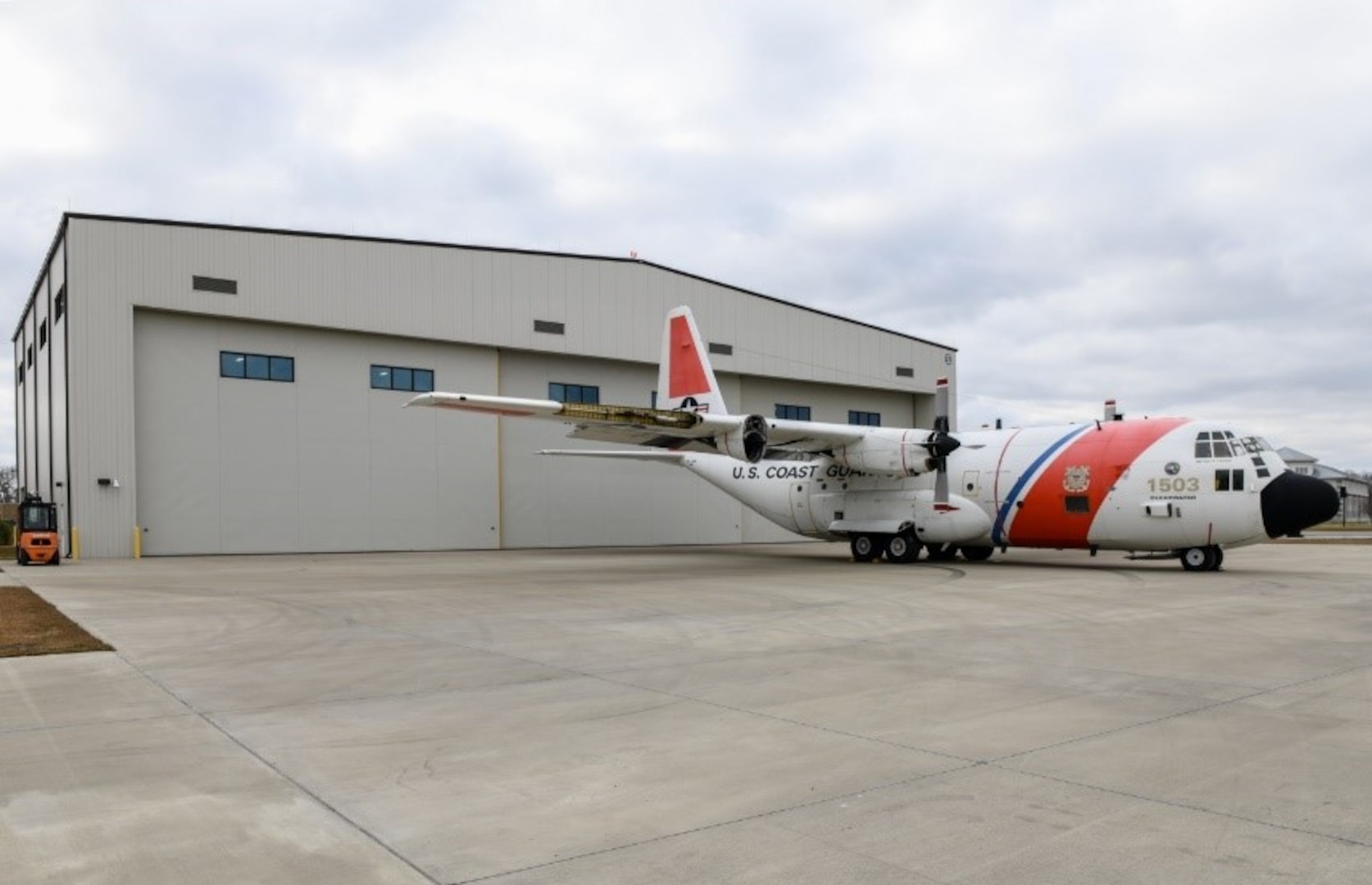 U.S. Coast Guard C-130 aircraft number 1503 is seen on deck at the Fixed Wing Training facility. December 22, 2020 photo submitted by ATTC unit.