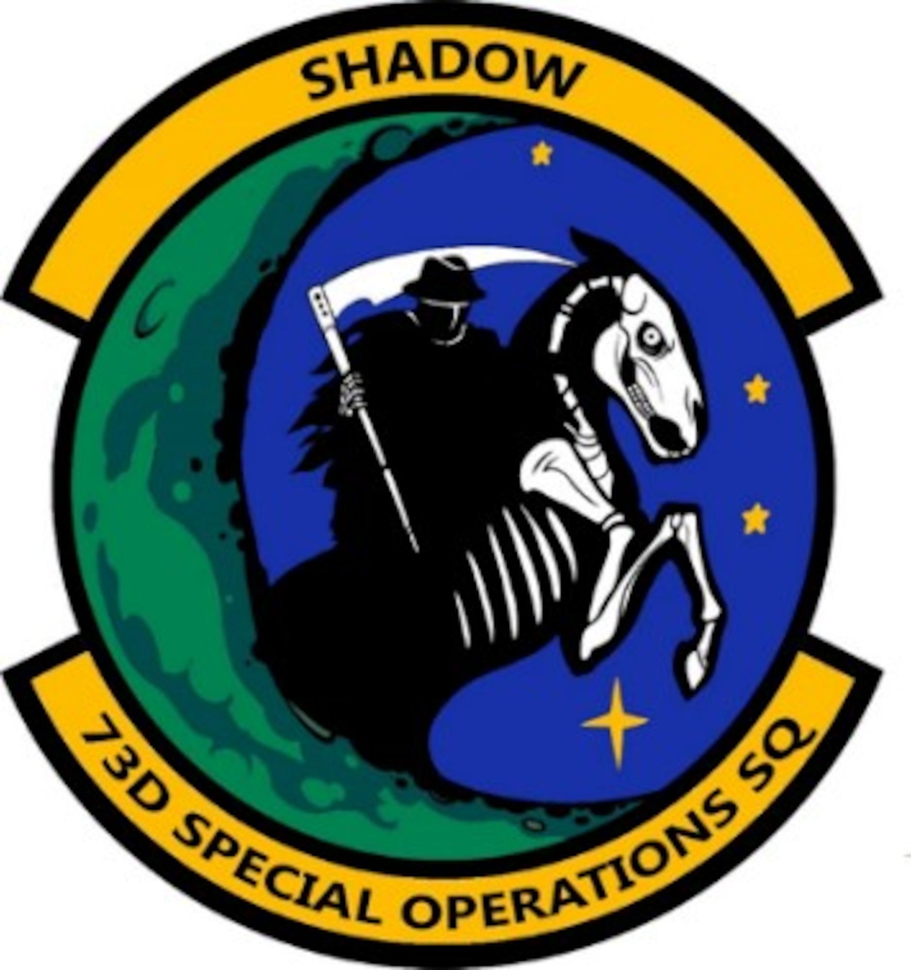 Graphic of a squadron's official emblem. Yellow, blue, black and green are the colors present.