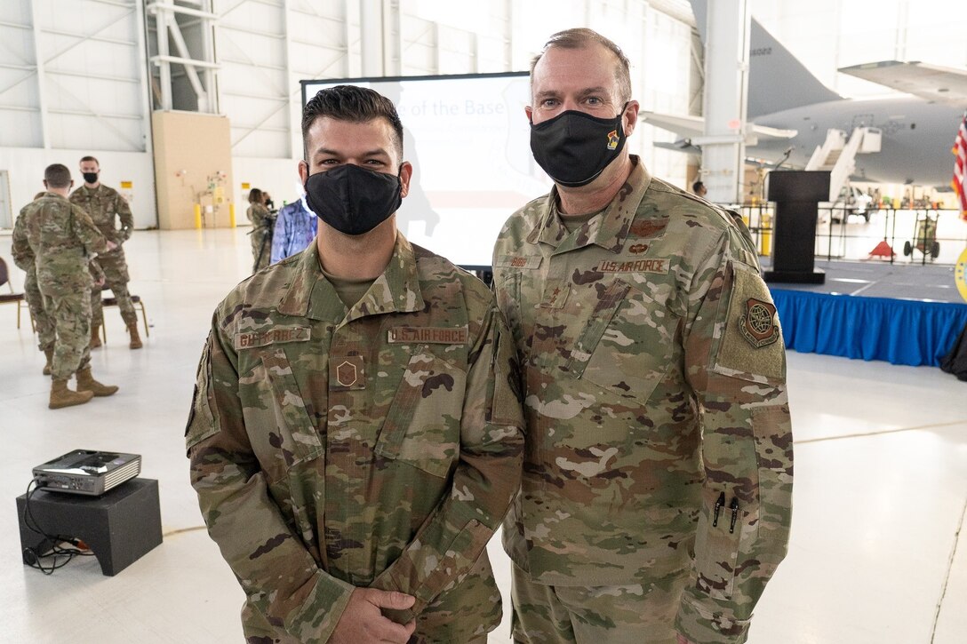 Master Sgt. Rene Gutierrez, 349th Aircraft Maintenance Squadron C-5 Team Expeditor, was recognized by Maj. Gen. Kenneth Bib, 18th Air Force commander, and Chief Master Sgt. Chad Bickley, 18th AF command chief, for his outstanding efforts with the LNU Lightning Complex fires during the “State of the Base” brief here on Feb. 5, 2021.