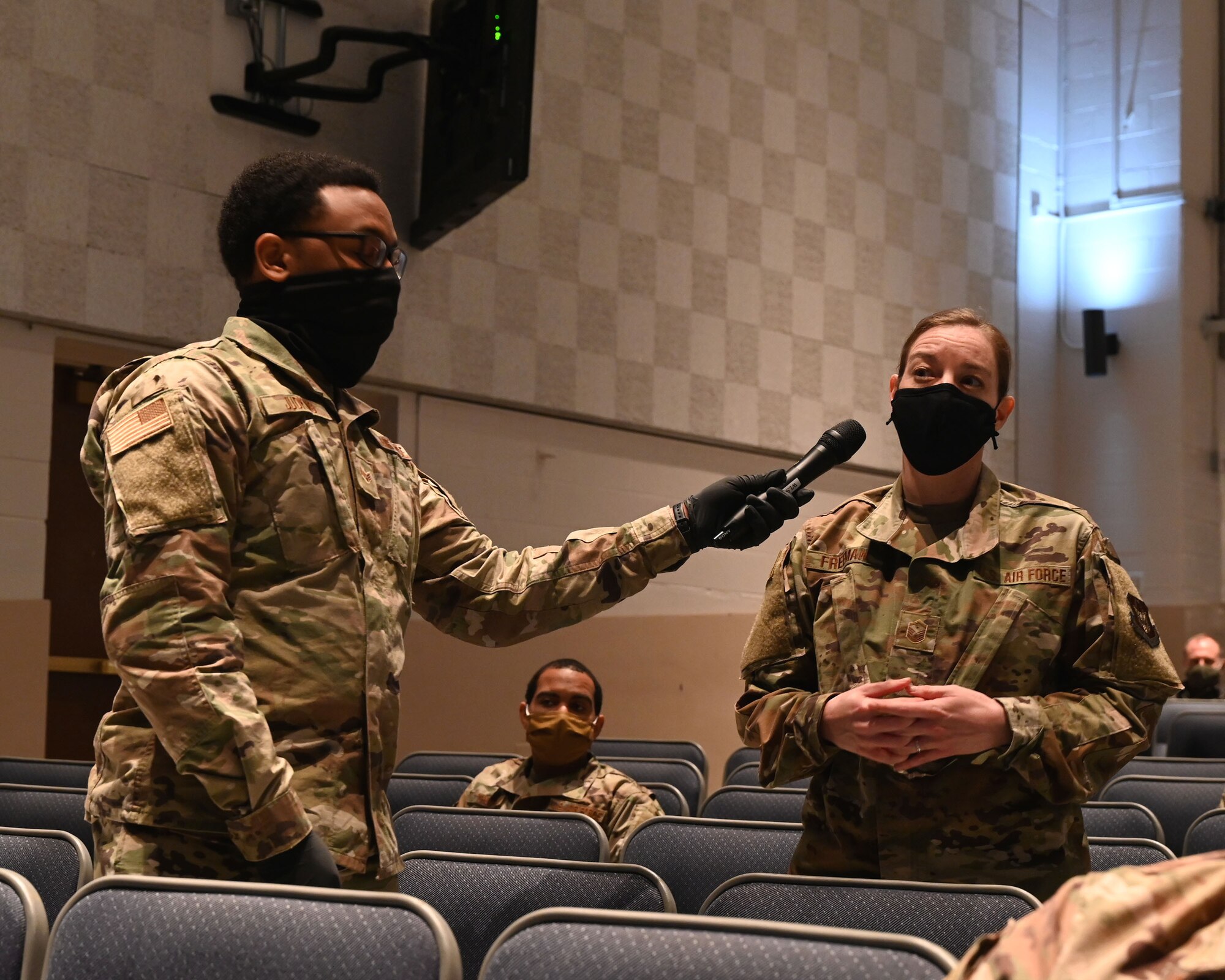 Master Sgt. Jennifer Freeman, 908th Logistics Readiness Squadron first sergeant, asks a question to the command teams of Air Force Reserve Command and Air Education and Training Command at Polifka Auditorium