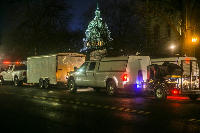 United States Marines and Sailors with Chemical Biological Incident Response Force (CBIRF) assist with security efforts of the 59th Presidential Inauguration in Washington, D.C., Jan. 20, 2021. CBIRF supports the Joint Task Force – National Capital Region and the United States Secret Service with advanced chemical, biological, and radioactive emergency response forces trained to expeditiously render life-saving aid. (U.S. Marine Corps photo by SSgt Kristian S. Karsten/Released)