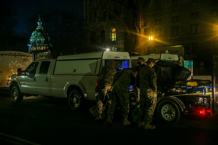 United States Marines and Sailors with Chemical Biological Incident Response Force (CBIRF) assist with security efforts of the 59th Presidential Inauguration in Washington, D.C., Jan. 20, 2021. CBIRF supports the Joint Task Force – National Capital Region and the United States Secret Service with advanced chemical, biological, and radioactive emergency response forces trained to expeditiously render life-saving aid. (U.S. Marine Corps photo by SSgt Kristian S. Karsten/Released)