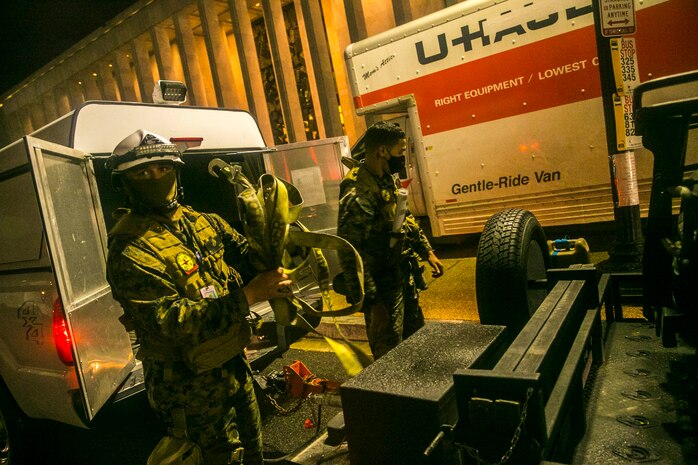 United States Marines and Sailors with Chemical Biological Incident Response Force (CBIRF) assist with security efforts of the 59th Presidential Inauguration in Washington, D.C., Jan. 20, 2021. CBIRF supports the Joint Task Force – National Capital Region and the United States Secret Service with advanced chemical, biological, and radioactive emergency response forces trained to expeditiously render life-saving aid. (U.S. Marine Corps photo by SSgt Kristian S. Karsten/Released)