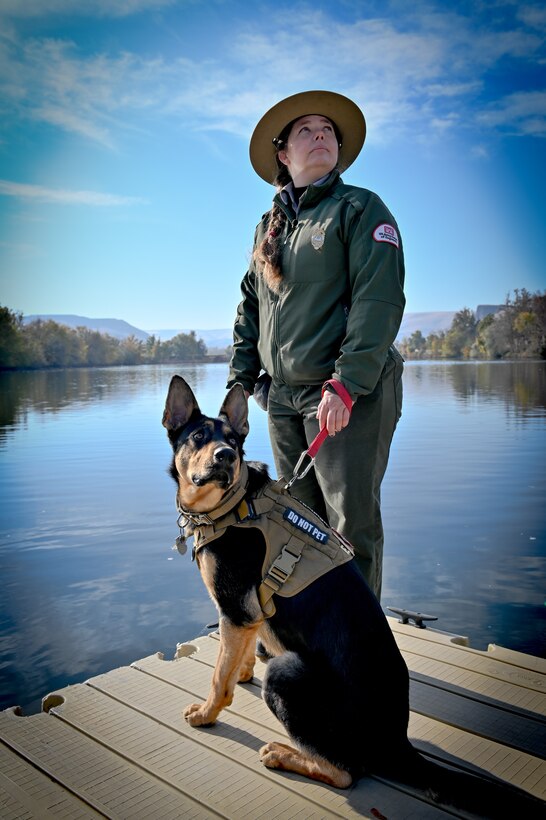 Emily Klinefelter, Park Ranger with Lower Granite Natural Resource Office and Duke the German Shepherd.