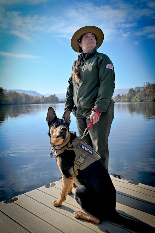 Emily Klinefelter, Park Ranger with Lower Granite Natural Resource Office and Duke the German Shepherd.