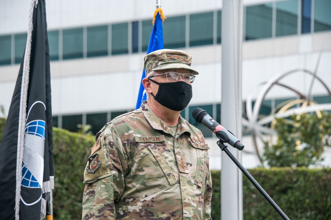 U.S. Air Force Lt. Gen. John F. Thompson, Space and Missile Systems Center commander, during a U.S. Space Force transfer ceremony at Los Angeles Air Force Base, Calif., Feb. 9, 2021. SMC transferred a total number of 113 military members into the U.S. Space Force which was split into two ceremonies throughout the day. (U.S. Space Force photo by Van Ha)