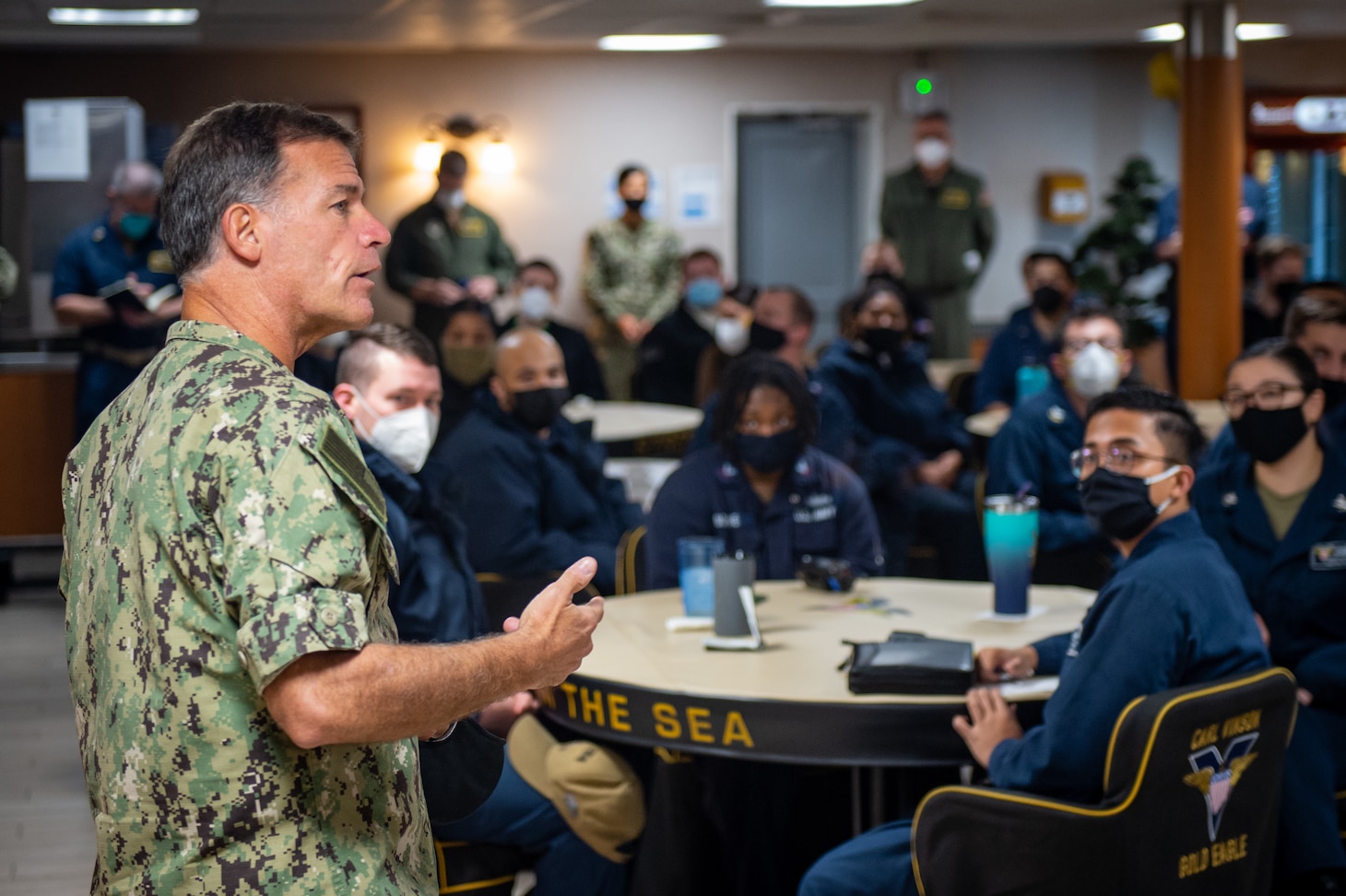 Adm. John Aquilino, commander, U.S. Pacific Fleet, speaks with Sailors assigned to Nimitz-class nuclear aircraft carrier USS Carl Vinson (CVN 70), about the Navy’s intolerance to extremist and/or supremacist ideologies.