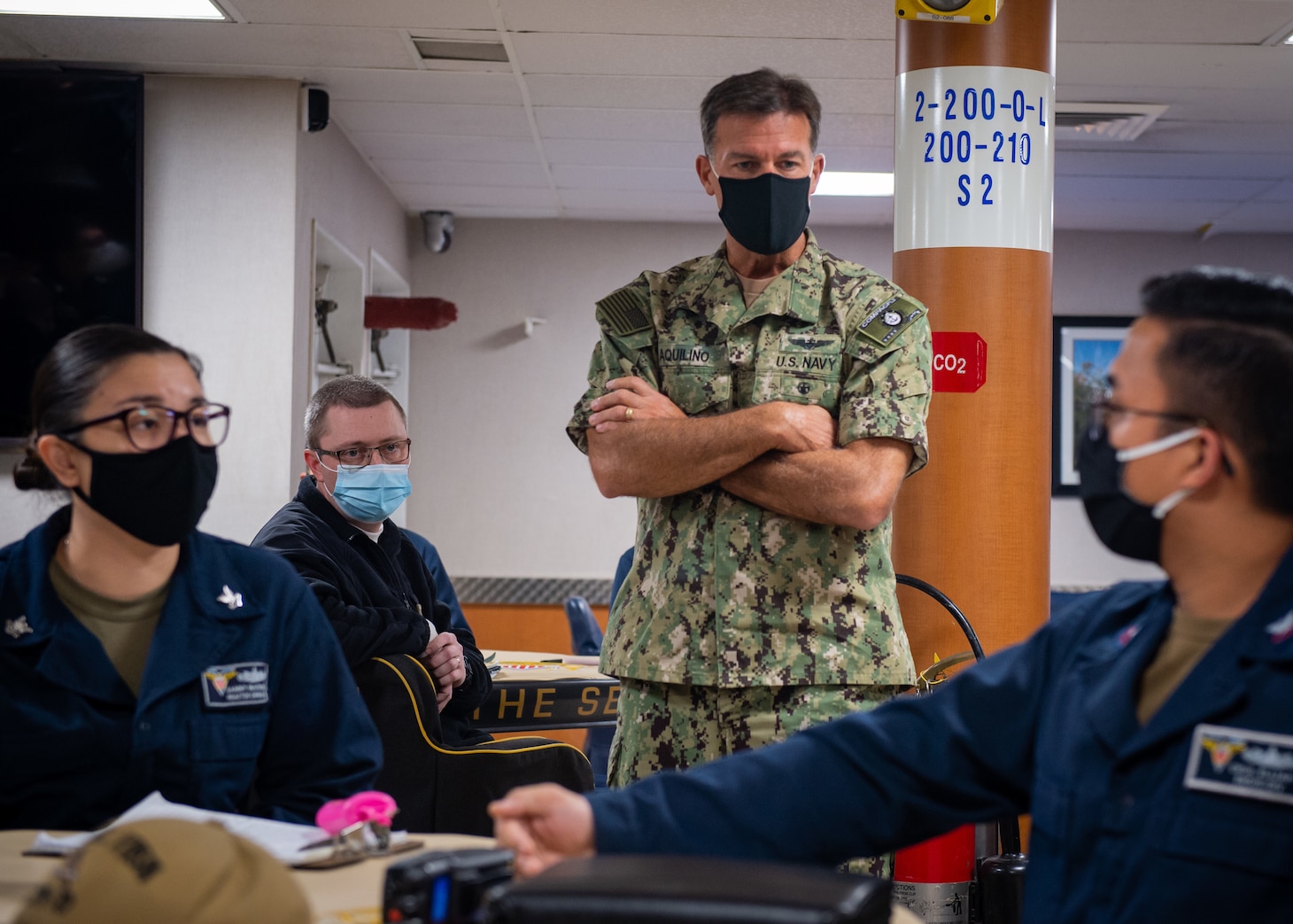 Adm. John Aquilino, commander, U.S. Pacific Fleet, speaks with Sailors assigned to Nimitz-class nuclear aircraft carrier USS Carl Vinson (CVN 70), about the Navy’s intolerance to extremist and/or supremacist ideologies.