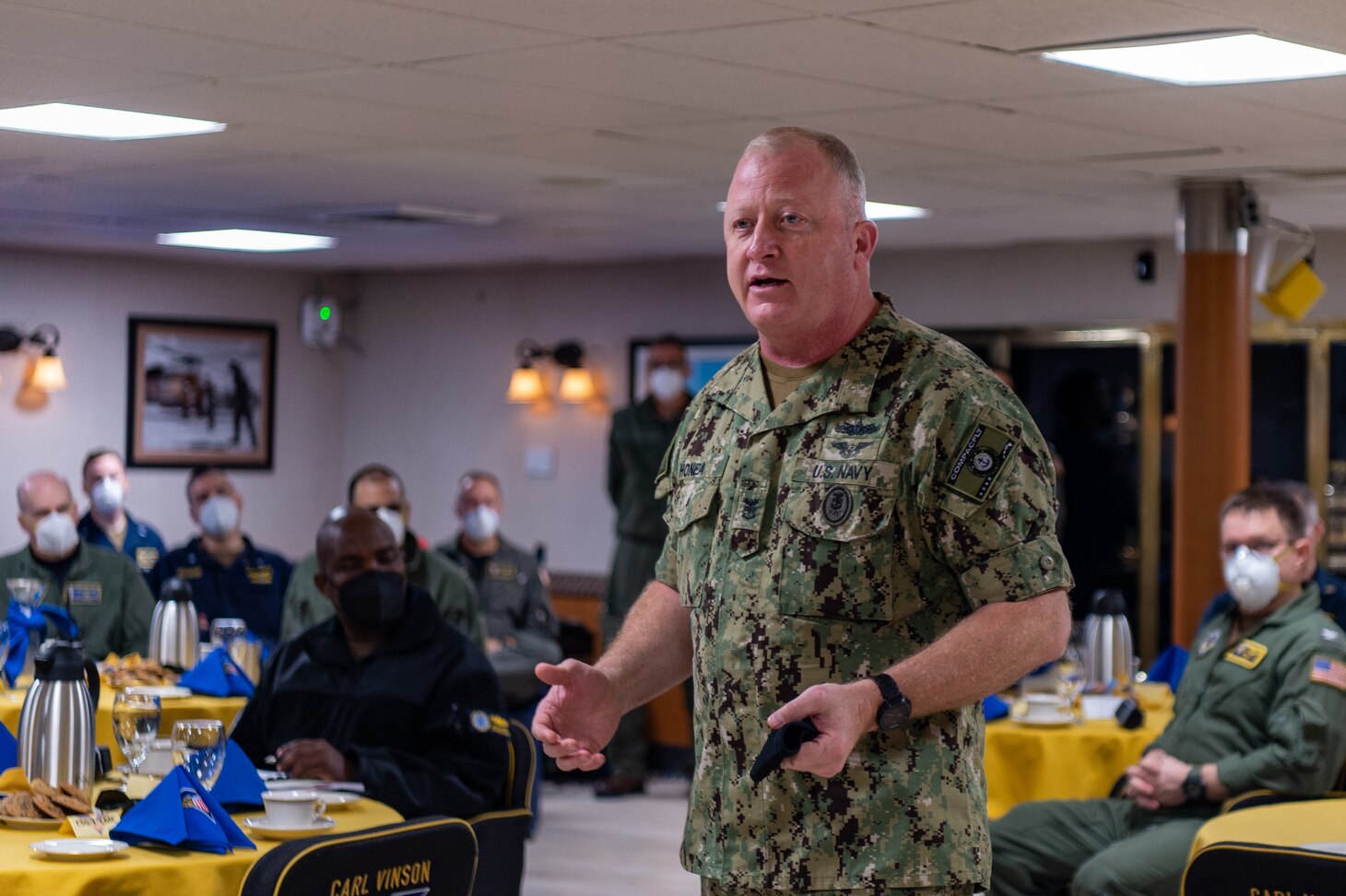 Fleet Master Chief Jim Honea, Fleet Master Chief of U.S. Pacific Fleet, addresses Sailors assigned to Nimitz-class nuclear aircraft carrier USS Carl Vinson (CVN 70) about the Navy’s intolerance to extremist and/or supremacist ideologies.