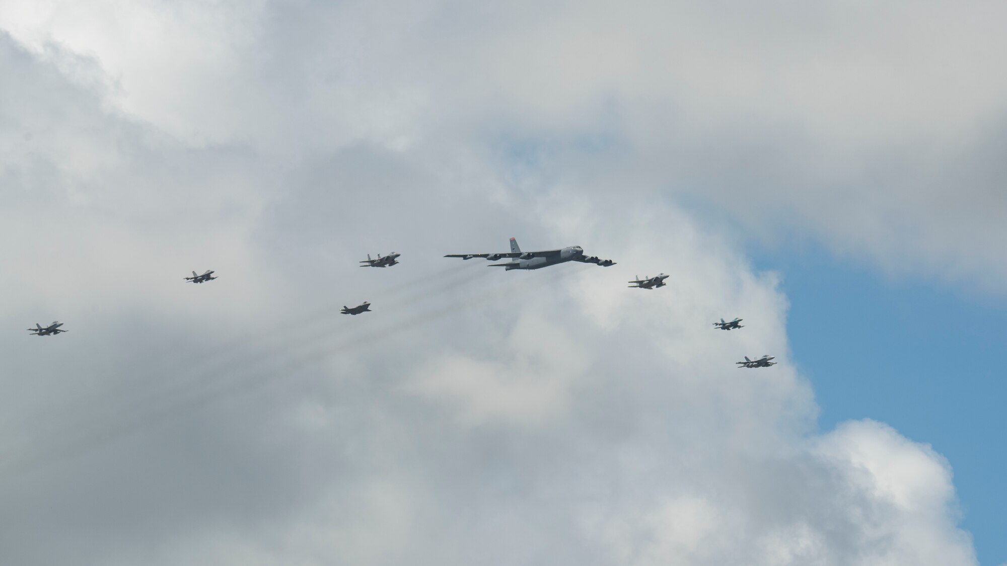 U.S. Air Force, Japan Air Self-Defense Force, or Koku-Jieitai, and Royal Australian Air Force aircraft fly in formation during exercise Cope North 21, at Andersen Air Force Base, Guam, Feb. 9, 2021.