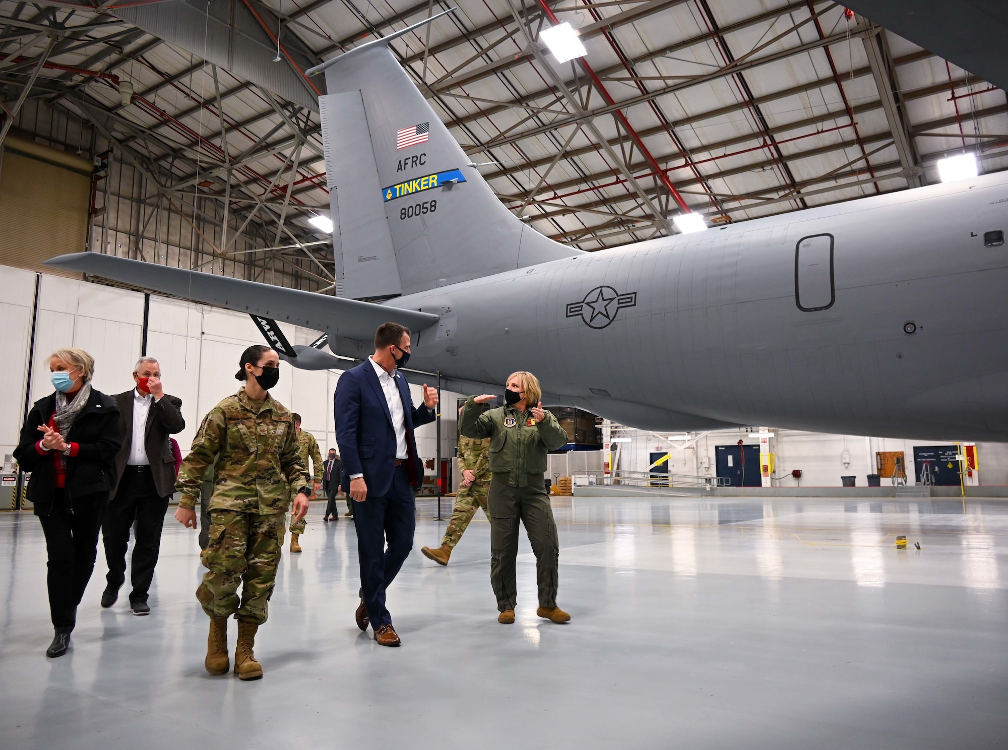 The Honorable J. Kevin Stitt, Governor of Oklahoma, the Honorable Brian Bingman, Oklahoma Secretary of State and the Honorable Brenda Stanley, Oklahoma State Senator, visited the 507th Air Refueling Wing Feb. 5, 2021, at Tinker Air Force Base, Oklahoma. During their visit they learned about the Okies mission and the importance of the Air Force Reserve. (U.S. Air Force photo by Senior Airman Mary Begy)