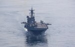 Amphibious assault ship USS Makin Island (LHD 8) transits the Strait of Hormuz, Feb. 8. The Makin Island Amphibious Ready Group and the 15th Marine Expeditionary Unit are deployed to the U.S. 5th Fleet area of operations in support of naval operations to ensure maritime stability and security in the Central Region, connecting the Mediterranean and Pacific through the western Indian Ocean and three strategic choke points. (U.S. Navy photo by Mass Communication Specialist 3rd Class Ethan Jaymes Morrow)