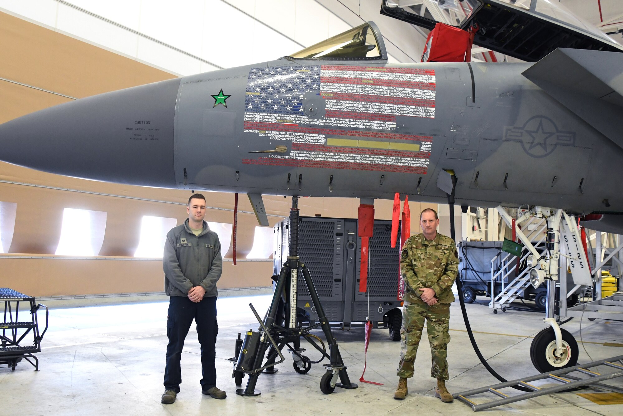 U.S. Air Force 104th Fighter Wing’s flagship F-15C Eagle sits in the base’s Main Hangar January 22, 2021, at Barnes Air National Guard Base, Mass. The F-15 received new decals that represent the American flag and every member in the wing. (U.S. Air National Guard photo by Staff Sgt. Hanna Smith)