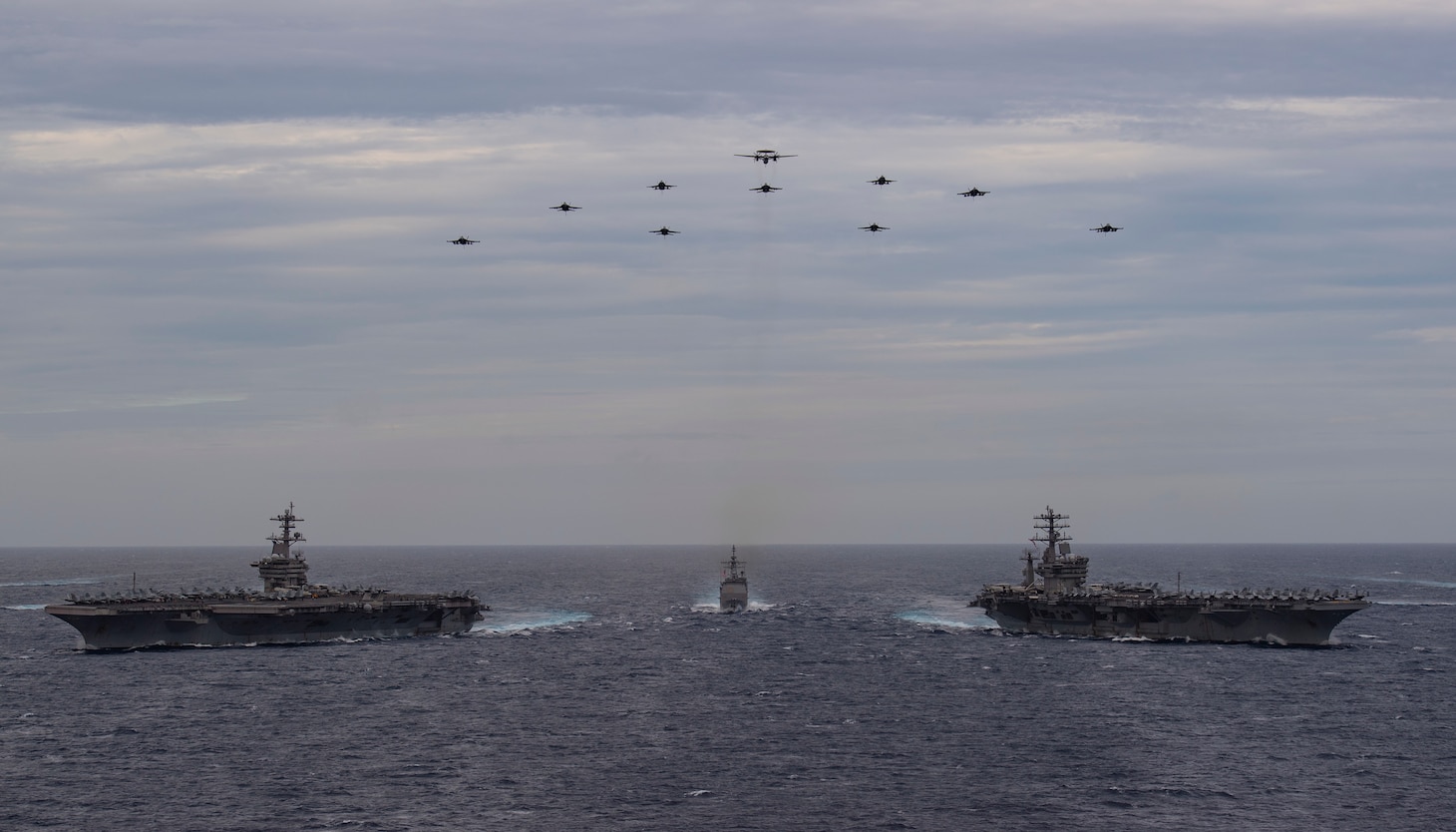 The Theodore Roosevelt and Nimitz Carrier Strike Groups steam in formation on scheduled deployments to the 7th Fleet area of operations. As the U.S. Navy's largest forward-deployed fleet, 7th Fleet routinely operates and interacts with 35 maritime nations while conducting missions to preserve and protect a free and open Indo-Pacific Region.