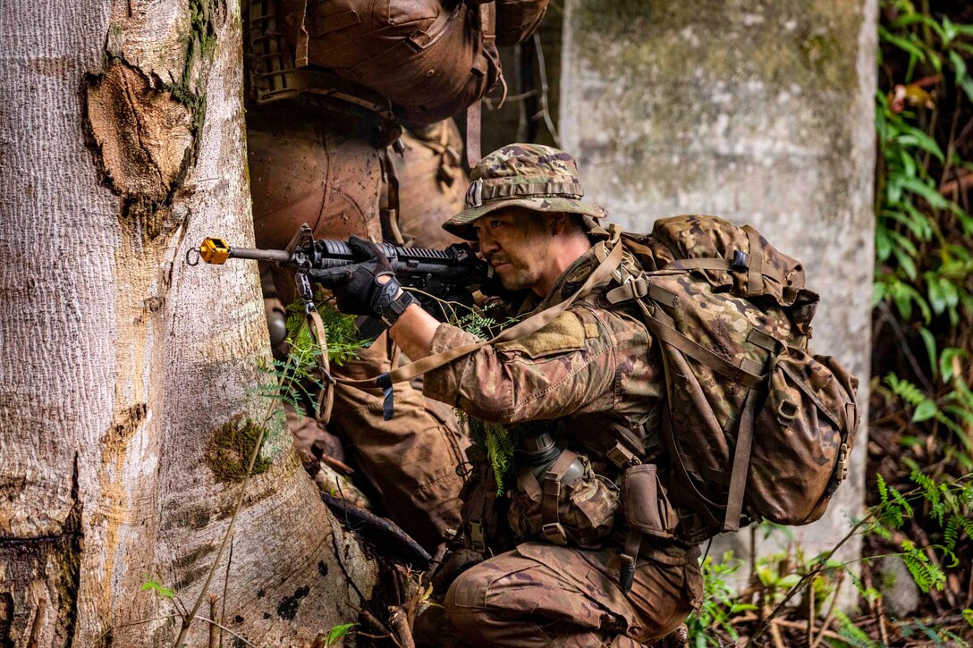 A soldier holds up a weapon from behind a tree.