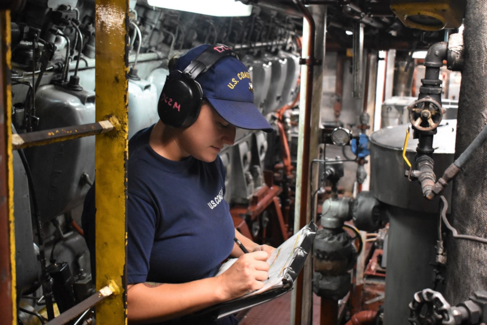 Petty Officer 2nd Class Allison Matthews, a damage controlman, aboard USCGC Resolute (WMEC 620) conducts a throttle round in the engineroom at sea on Aug. 27, 2020.