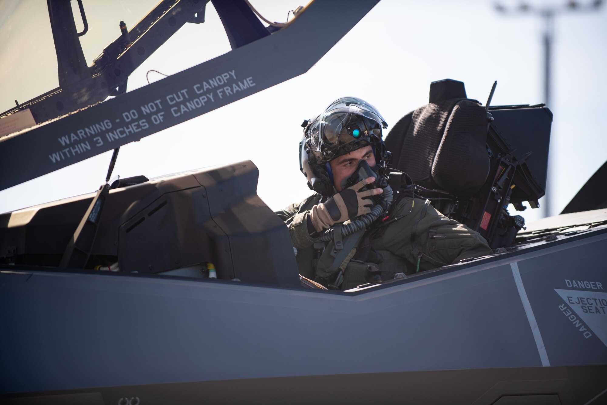 1st Lt. Zachari Mertes, assigned to the 134th Fighter Squadron, Vermont Air National Guard, prepares for launch in an F-35A Lightning II during a training exercise