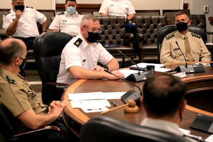 Command Sgt. Maj. Trevor Walker, U.S. Army South command sergeant major, speaks at the 34th cycle of the Conference of American Armies at Joint Base San Antonio-Fort Sam Houston on Feb. 9. This cycle of CAA was held as a virtual hybrid due to restrictions of the COVID-19 pandemic.