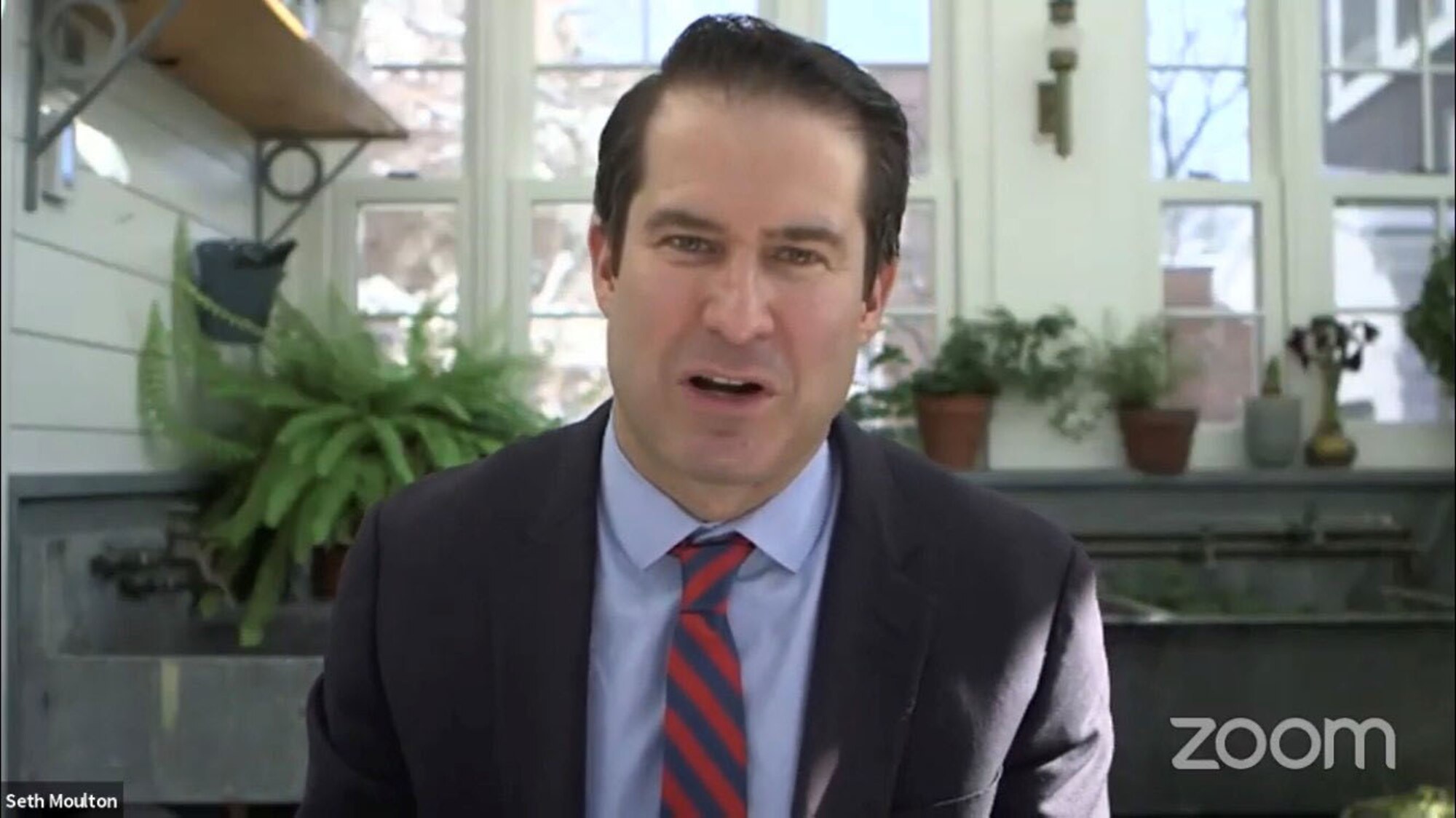 U.S. Rep. Seth Moulton, gives a brief overview of the Future of Defense Task Force report during a virtual roundtable event, Feb. 10, on Zoom.