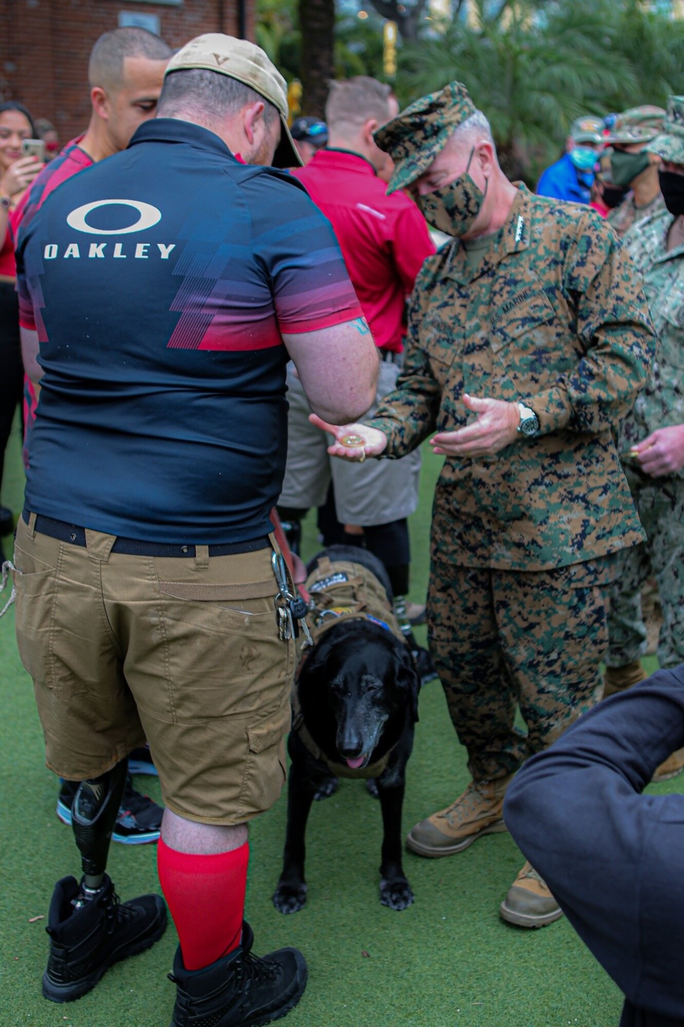 U.S. Marine Corps General Kenneth F. McKenzie Jr., the commander of U.S. Central Command, hands out command coins to veterans during the ‘Salute-To-Service-Stroll’ Feb. 6, 2021, at the Tampa Riverwalk, Tampa, Florida. (U.S. Army photo by Spc. Robert Vicens)