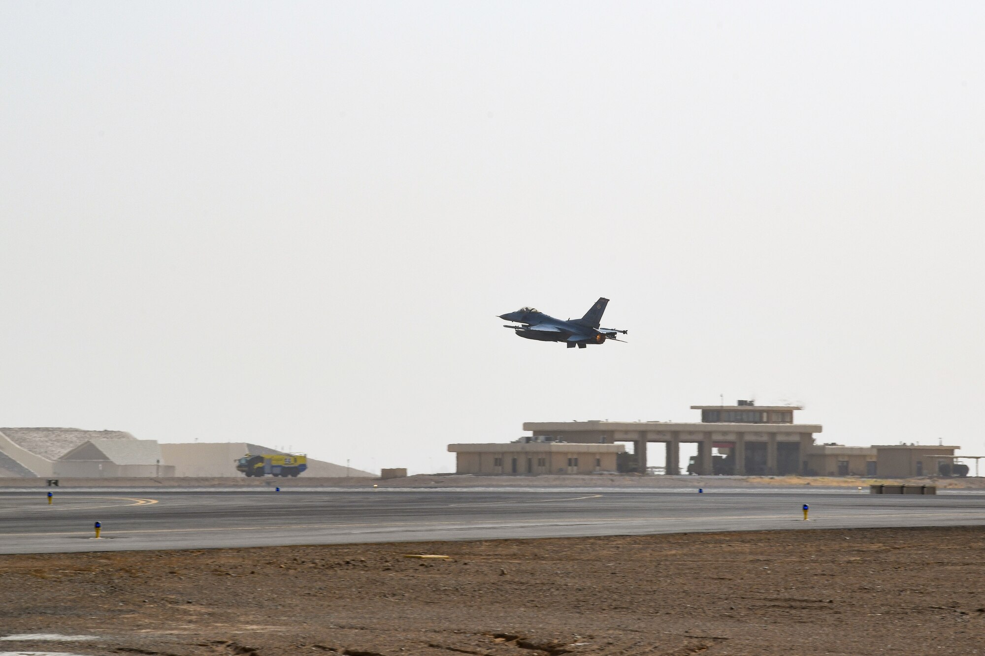 An F-16C Fighting Falcon, assigned to the 77th Expeditionary Fighter Squadron, takes off Feb. 2, 2021, at King Faisal Air Base, Kingdom of Saudi Arabia.