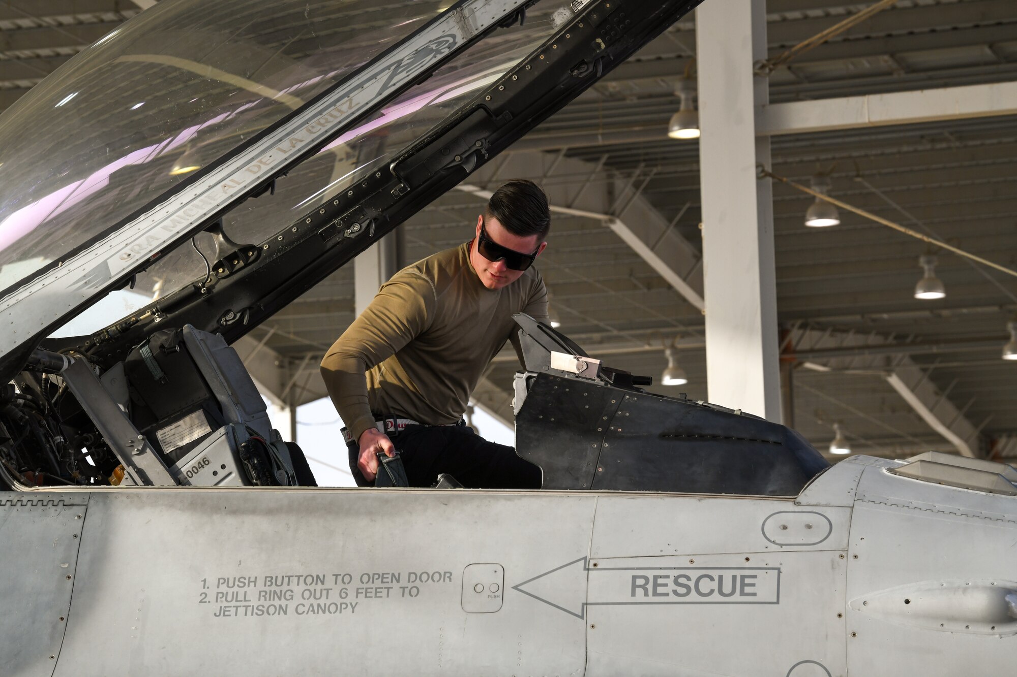Airman 1st Class Renfro, 77th Fighter Generation Squadron crew chief, performs a pre-flight inspection on an F-16C Fighting Falcon Feb. 2, 2021, at King Faisal Air Base, Kingdom of Saudi Arabia.