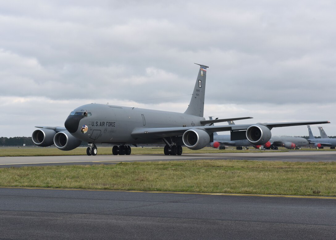 A U.S. Air Force KC-135 Stratotanker aircraft assigned to the 100th Air Refueling Wing returns home from a deployment Feb. 1, 2021, at Royal Air Force Mildenhall, England. Airmen from the Bloody Hundredth provided vital support for the movement of Department of Defense assets for Operation Octave Quartz, which included the relocation of U.S. forces in Somalia. During the deployment, 100th ARW aircraft and Airmen offloaded 2.29 million pounds of fuel to 228 receivers and conducted more than 47 missions for a total of 258.8 hours. (U.S. Air Force photo by Karen Abeyasekere