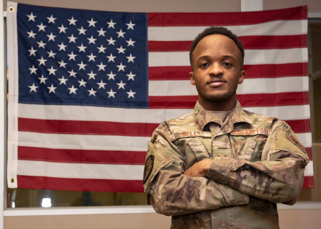 Senior Airman Michael Lovest Bell III, 82nd Logistics Readiness Squadron Traffic Management Office and Cargo specialist, poses for a photo at Sheppard Air Force Base, Texas, Feb. 8, 2021. Bell received the Outstanding LRS Airman of the Year award at the MAJCOM level. Bell's supervisor said it was because of his work ethic whether it be at his home station Sheppard or when he was deployed in Saudi Arabia. (U.S. Air Force photo by Senior Airman Pedro Tenorio)