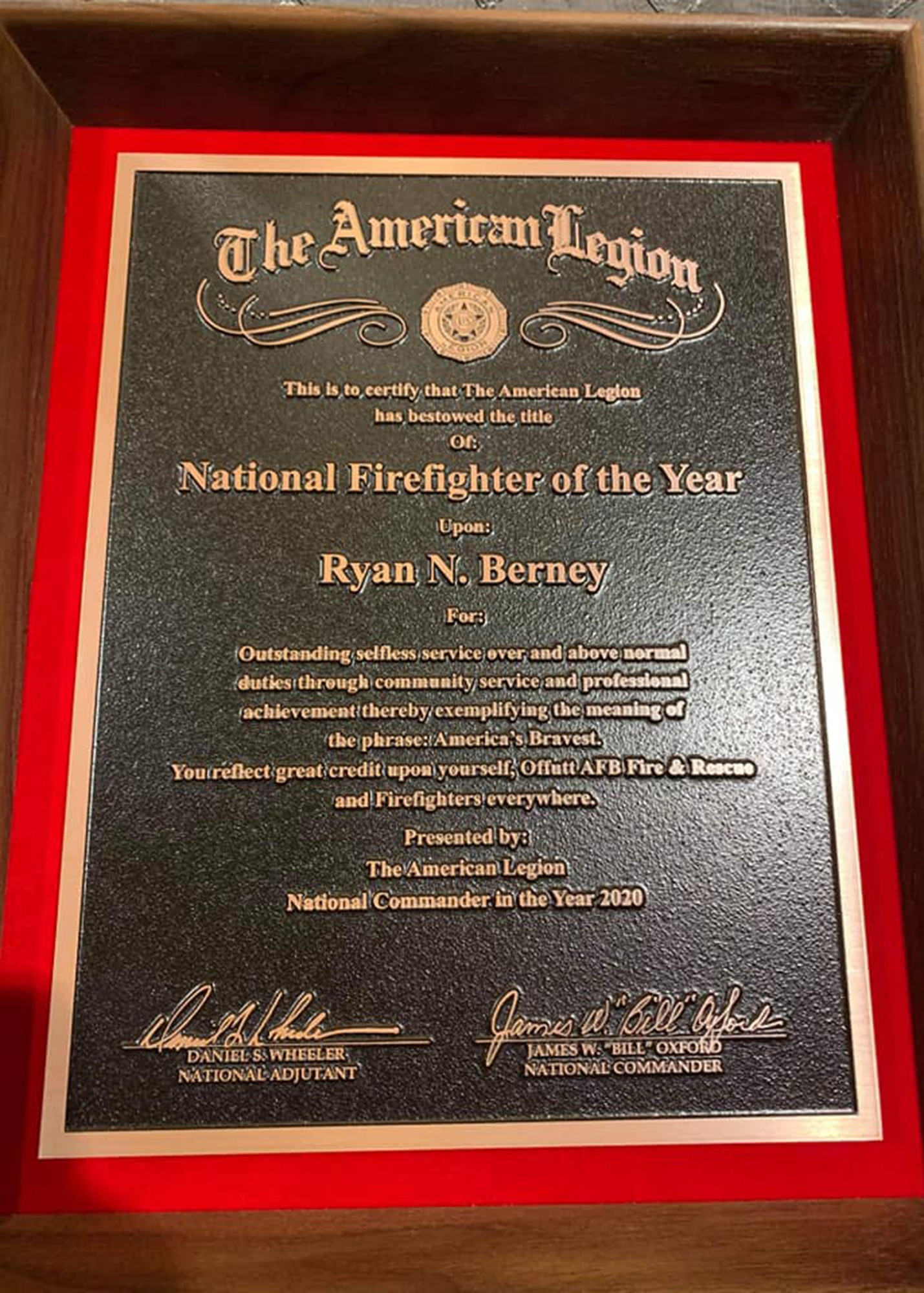 Picture of the American Legion National firefighter of the year award.