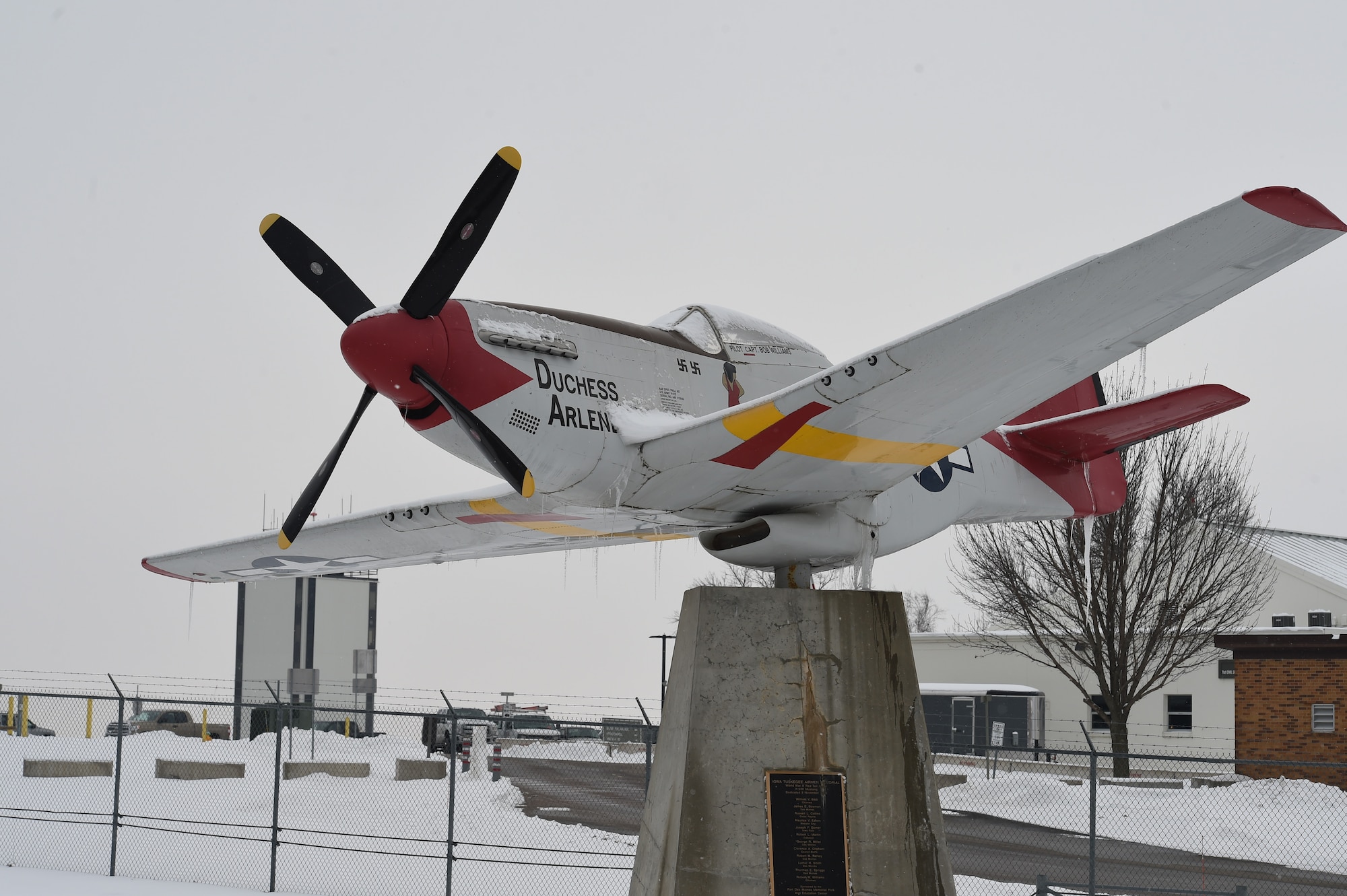 The P-51 Mustang nicknamed "Dutchess Arlene" currently stands outside the front gate of the 132d Wing in Des Moines, Iowa. The aircraft was dedicated to Iowa Tuskegee Airmen in 2002. (U.S. Air National Guard photo by Tech. Sgt. Michael J. Kelly)