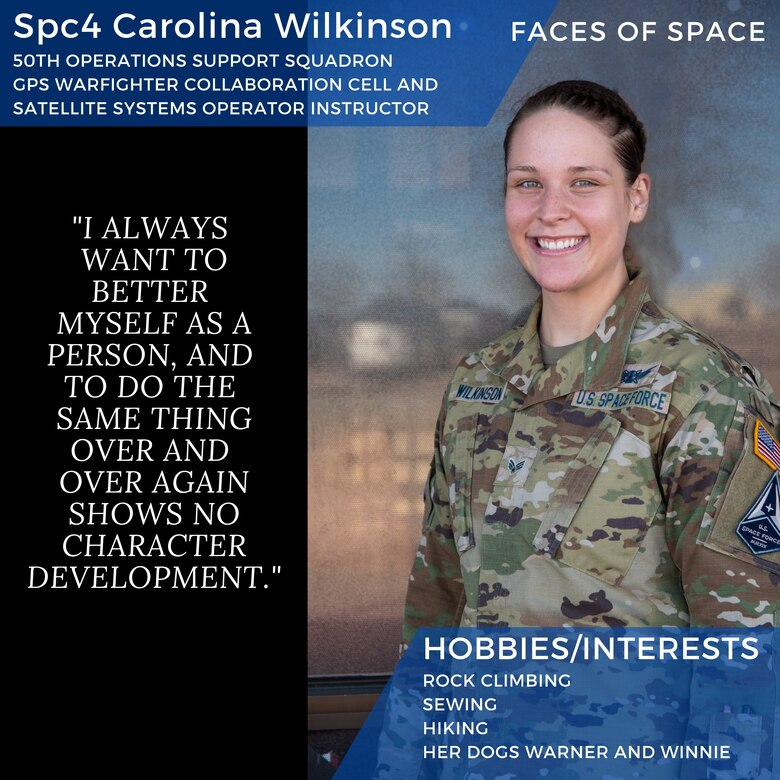 Photo of SPC4 Wilkinson with a quote and her hobbies/interests listed
