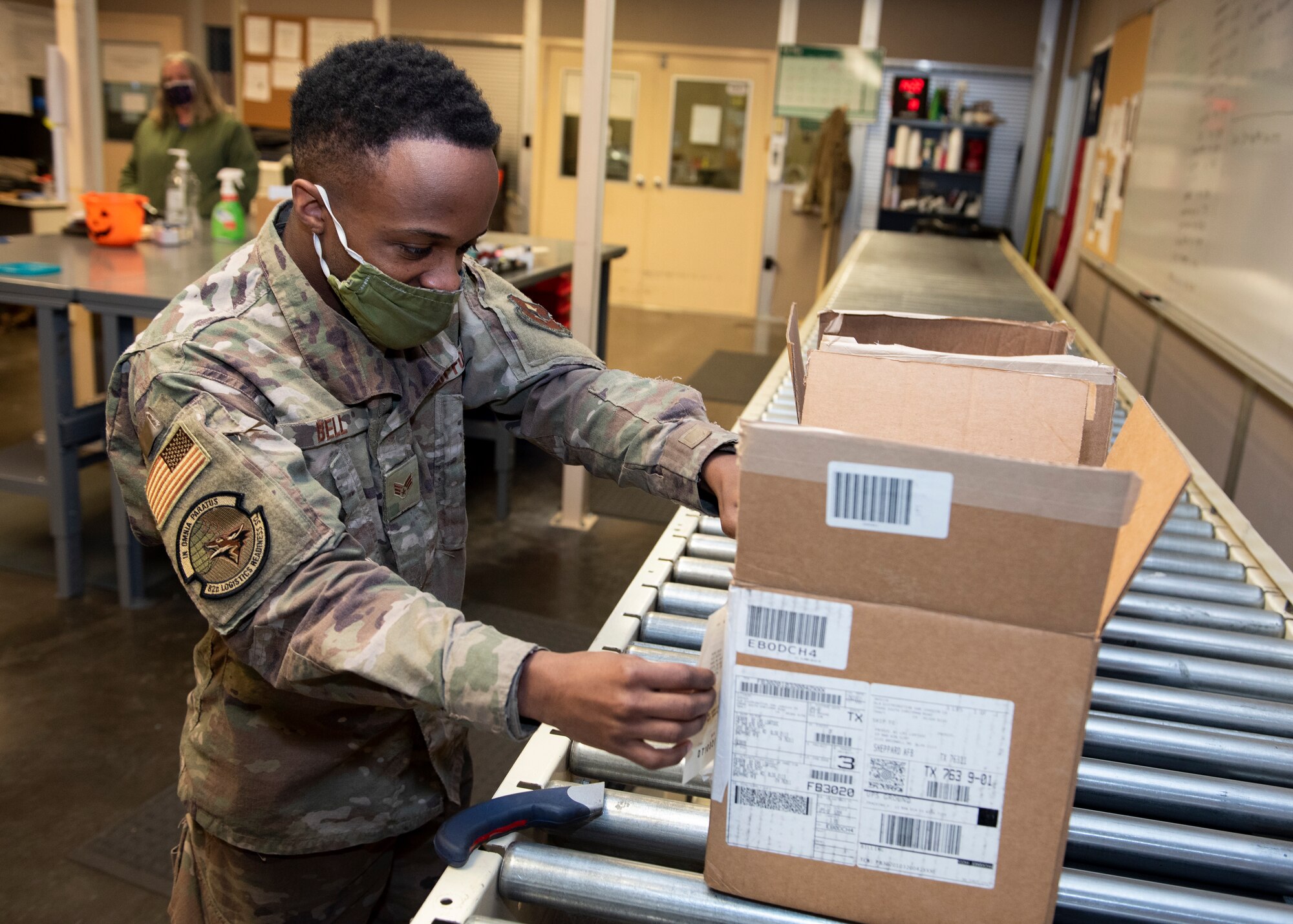 Senior Airman Michael Lovest Bell III, 82nd Logistics Readiness Squadron Traffic Management Office and Cargo specialist, poses for a photo at Sheppard Air Force Base, Texas, Feb. 8, 2021. Bell received the Outstanding LRS Airman of the Year award at the MAJCOM level. Bell's supervisor said it was because of his work ethic whether it be at his home station Sheppard or when he was deployed in Saudi Arabia. (U.S. Air Force photo by Senior Airman Pedro Tenorio)
