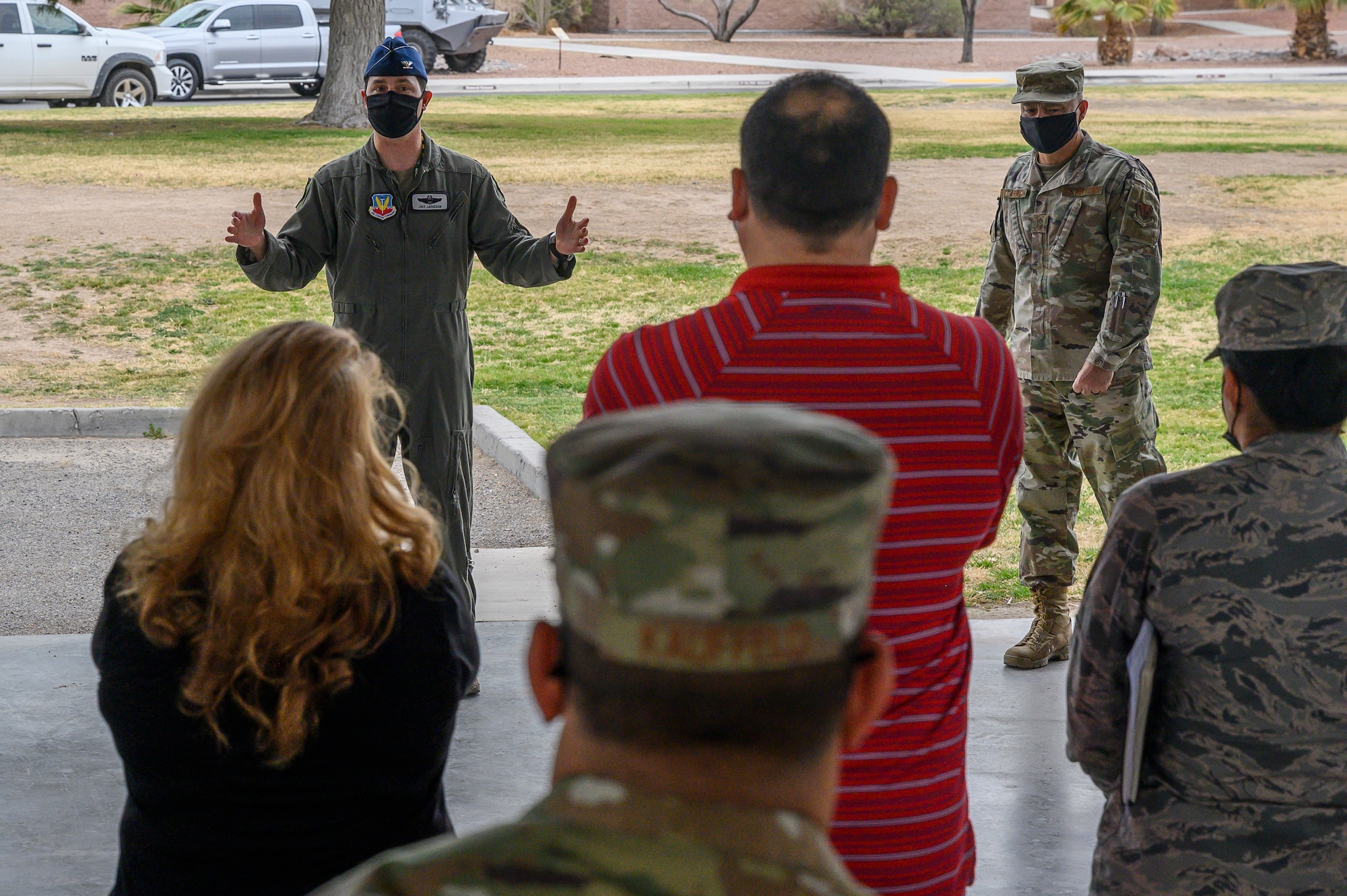 Col. Kevin Jamieson, 57th Wing vice commander talking to people