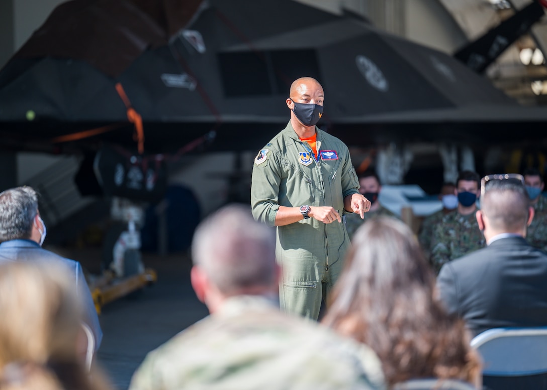 Col. Randel Gordon, 412th Test Wing Vice Commander, offers his remarks during a Space Force Transfer Ceremony at Edwards Air Force Base, California, Feb. 11. (Air Force photo by Giancarlo Casem)