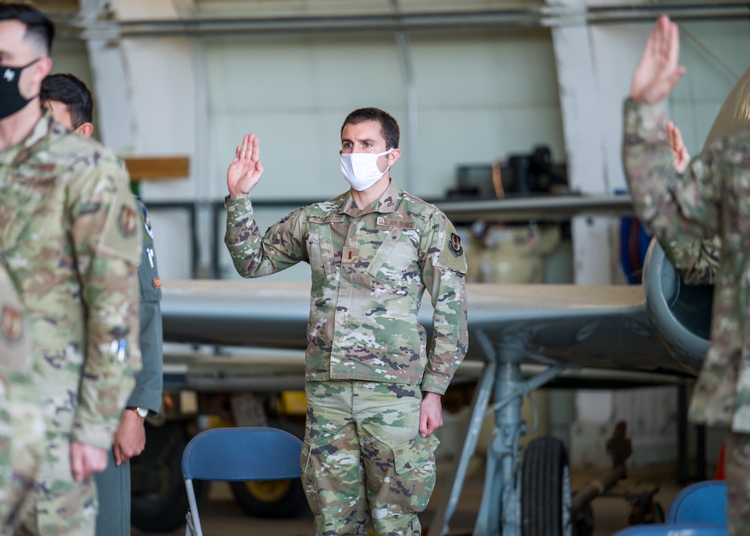 2nd Lt. Joshua Bonvisutto, Air Force Research Laboratory, originally of North Tonawanda, Ney York, recites the oath of office during a Space Force Transfer Ceremony at Edwards Air Force Base, California, Feb. 11. (Air Force photo by Giancarlo Casem)