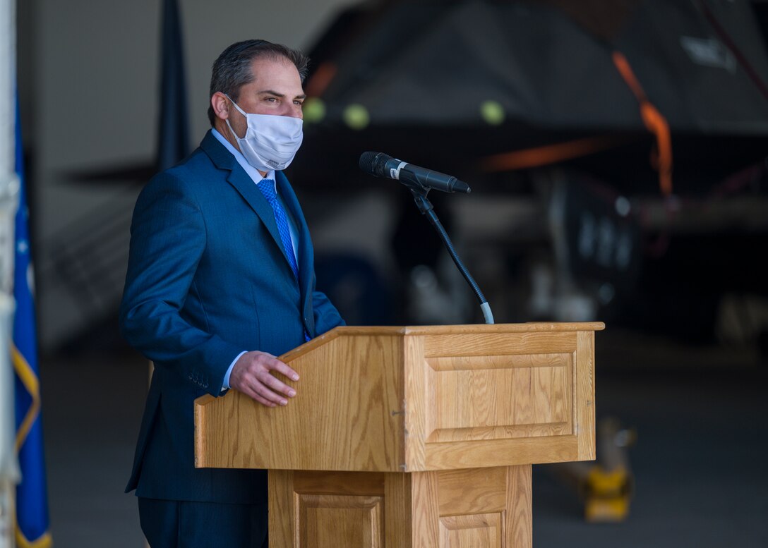 Congressman Mike Garcia offers his remarks during a Space Force Transfer Ceremony at Edwards Air Force Base, California, Feb. 11. (Air Force photo by Giancarlo Casem)