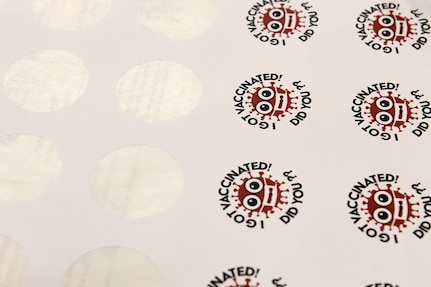 Photo of stickers that say “I got vaccinated, did you?”
