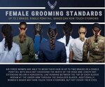 Upon publication of the new standards in Air Force Instruction 36-2903, Feb. 10, 2021, female Airmen will be able to wear their hair in up to two braids or a single ponytail with bulk not exceeding the width of the head and length not extending below a horizontal line running between the top of each sleeve inseam at the underarm through the shoulder blades. In addition, women’s bangs may now touch their eyebrows, but not cover their eyes.
