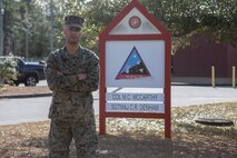 Sergeant Austin Hill, an intelligence chief with Marine Air Control Group 28 (MACG-28) poses for a photo at Marine Corps Air Station Cherry Point, North Carolina, Feb. 3, 2021. “You cannot judge a fish by its ability to climb a tree,” said Hill, a St. Louis, Missouri native. According to his leadership, Hill has mentored all intelligence Marines within three squadrons on how to better perform their duties as analysts as well as briefing all of MACG-28’s commanders and operations officers on denial and deception tactics that can enhance the survivability in a peer-to-peer conflict. Hill consistently performs above what is expected of an non-commissioned officer and inspires his Marines around him to do better and think abstractly on a daily basis. (U.S. Marine Corps photo by Cpl. Damaris Arias)