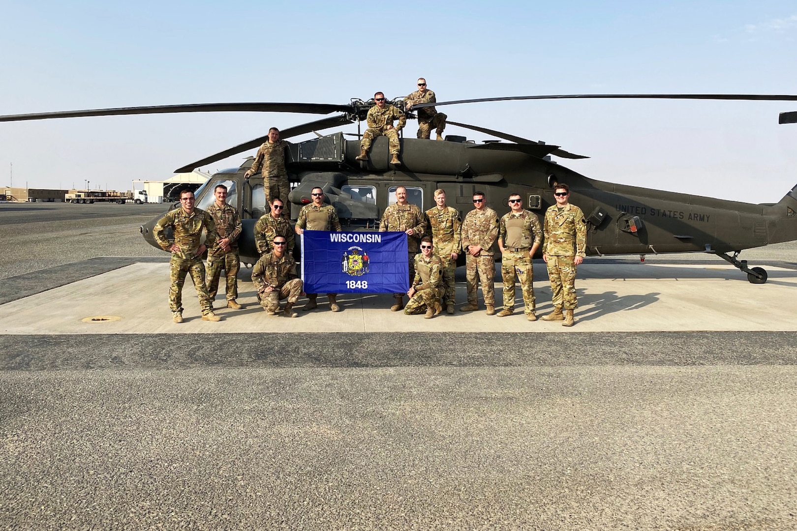 Wisconsin Army National Guard members of the West Bend-based Detachment 1, Company G, 2nd Battalion, 104th Aviation Regiment at a base in the Operation Spartan Shield area of operations. Wisconsin troops have been assigned to locations in Kuwait, Saudi Arabia and Syria for a medevac mission in the U.S. Central Command theater of operations.